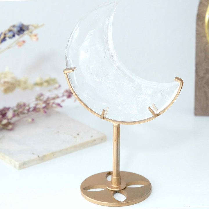 Clear Quartz Crescent Moon on Gold Tone Stand