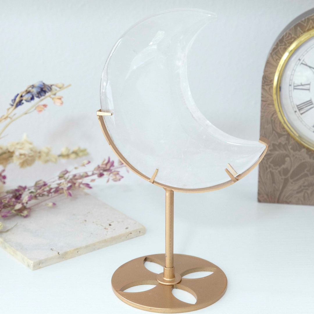Clear Quartz Crescent Moon on Gold Tone Stand