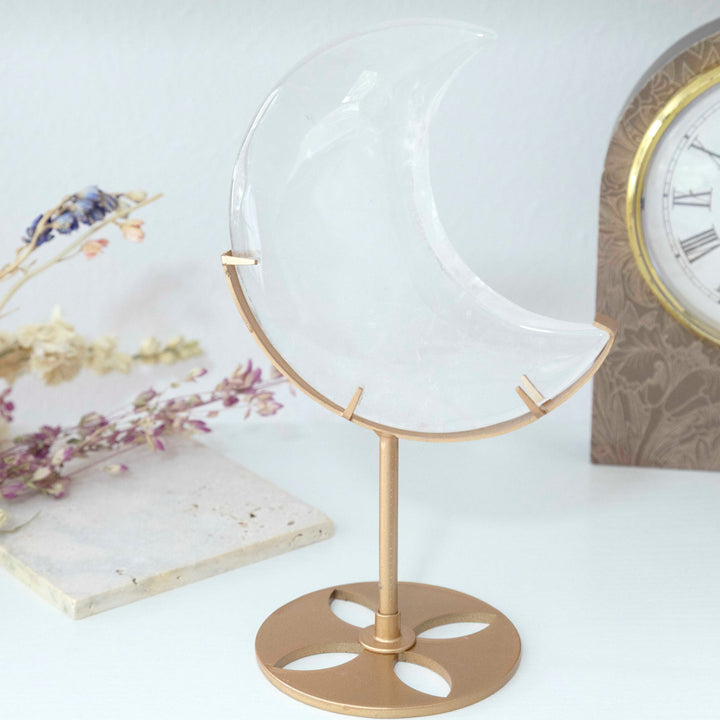 Clear Quartz Crescent Moon on Gold Tone Stand