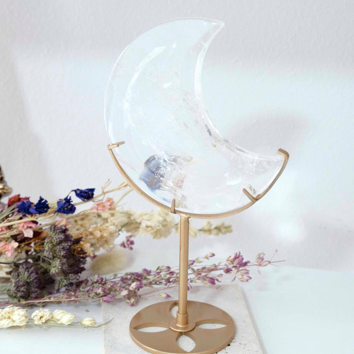 Clear Quartz Crescent Moon on Gold Tone Stand
