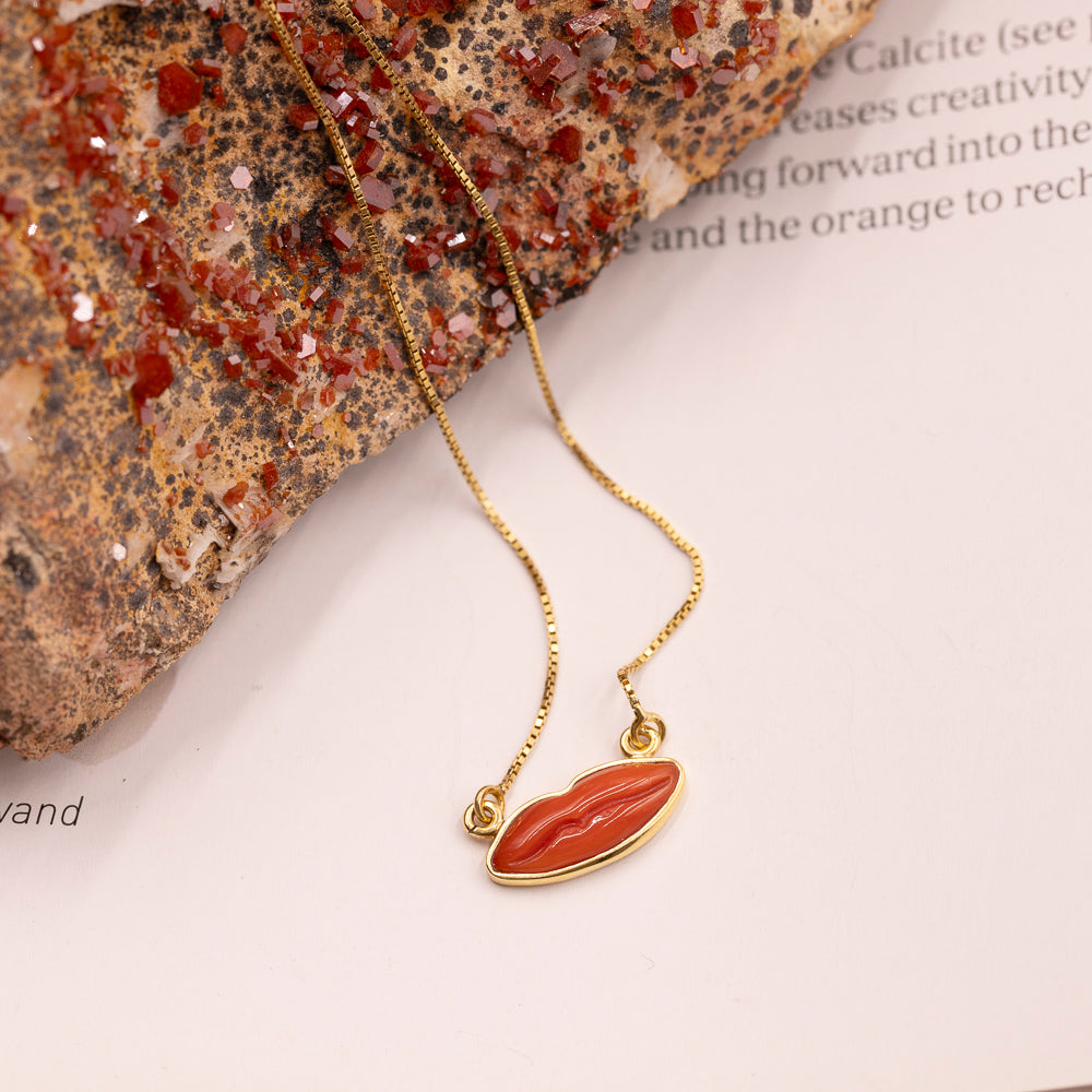 Italian Red Coral Lips Necklace in Gold Vermeil