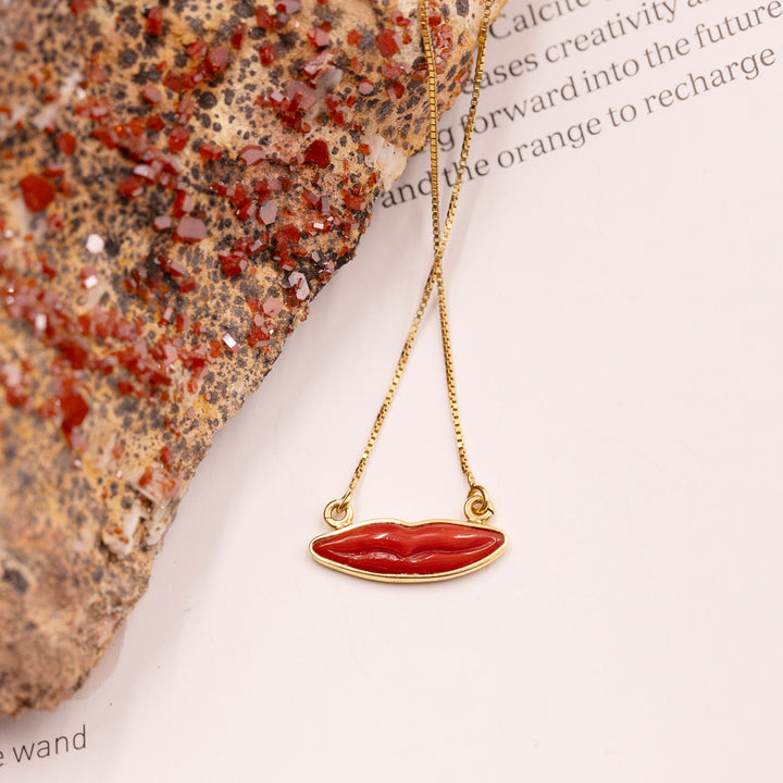 Italian Red Coral Lips Necklace in Gold Vermeil