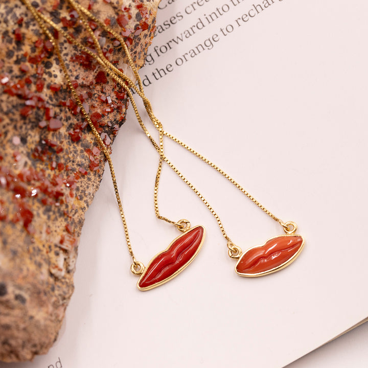 Italian Red Coral Lips Necklace in Gold Vermeil