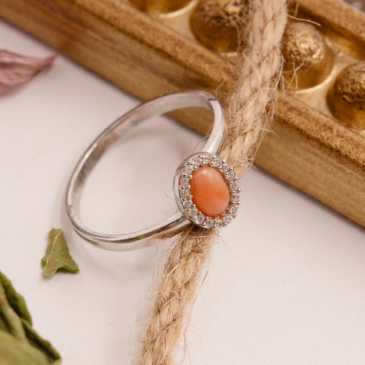Italian Red Coral & CZ Oval Halo Adjustable Ring in Sterling Silver