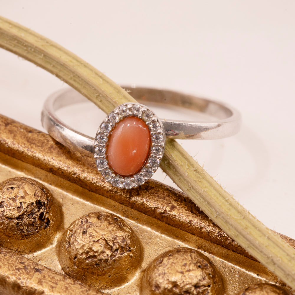 Italian Red Coral & CZ Oval Halo Adjustable Ring in Sterling Silver