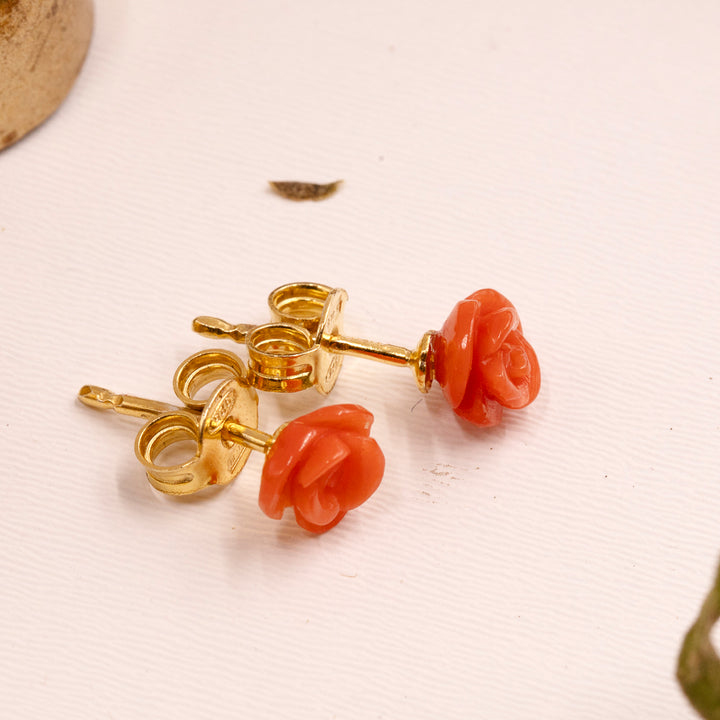 Italian Carved Red Coral Rose Stud Earrings in Gold Over Sterling Silver