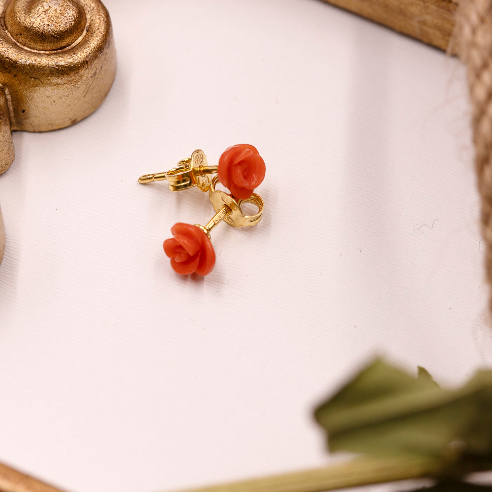 Italian Carved Red Coral Rose Stud Earrings in Gold Over Sterling Silver