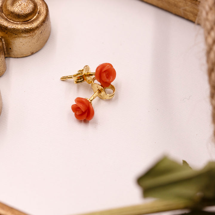 Italian Carved Red Coral Rose Stud Earrings in Gold Over Sterling Silver