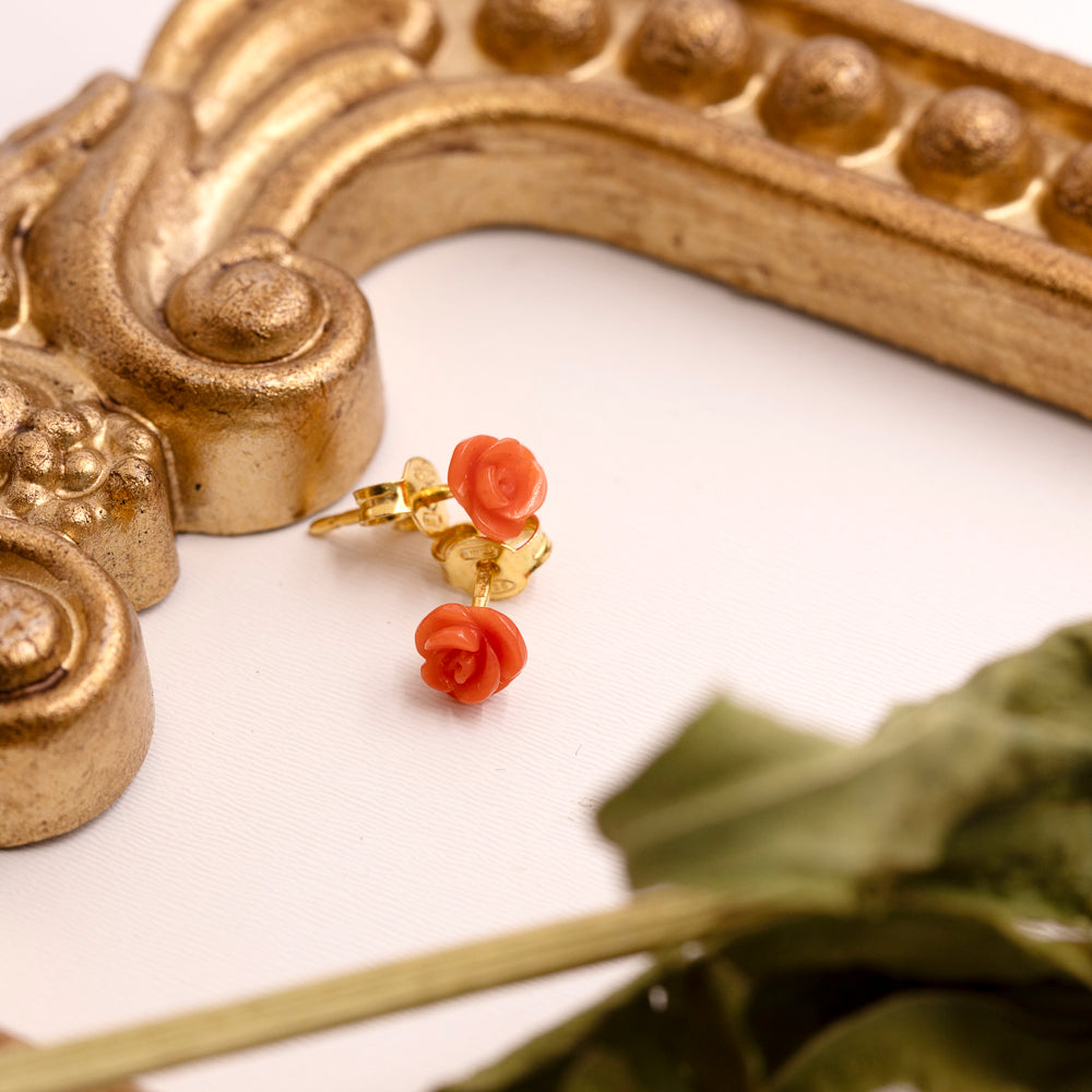 Italian Carved Red Coral Rose Stud Earrings in Gold Over Sterling Silver