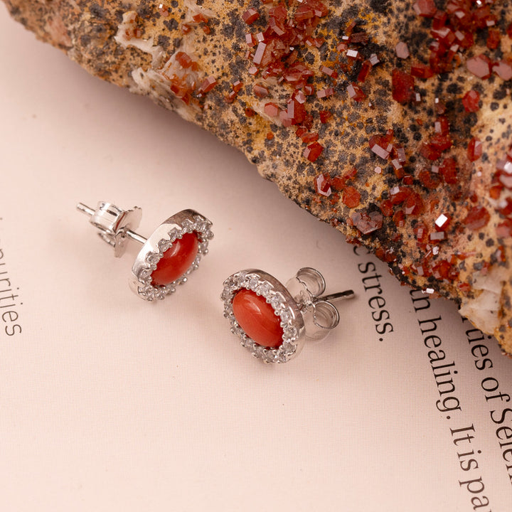 Italian Red Coral & CZ Halo Stud Earrings in Sterling Silver