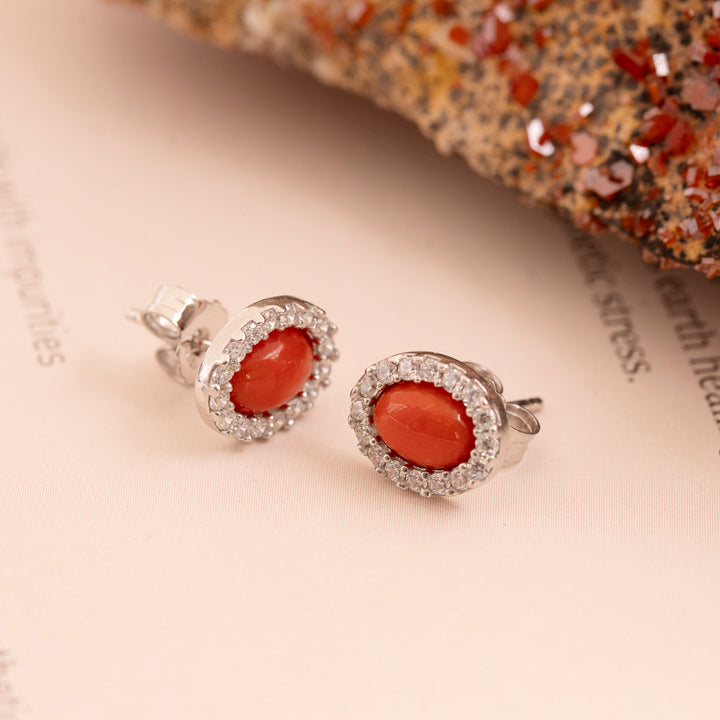 Italian Red Coral & CZ Halo Stud Earrings in Sterling Silver