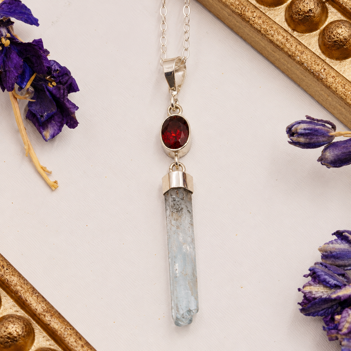 Garnet & Raw Aquamarine Necklace in Sterling Silver