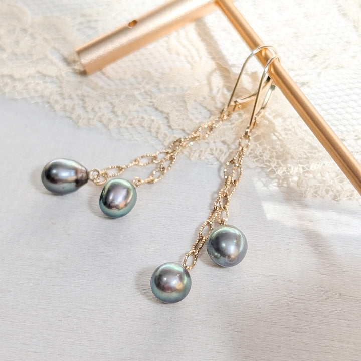 Tahitian Pearl Dangle Earrings in 14K Yellow Gold