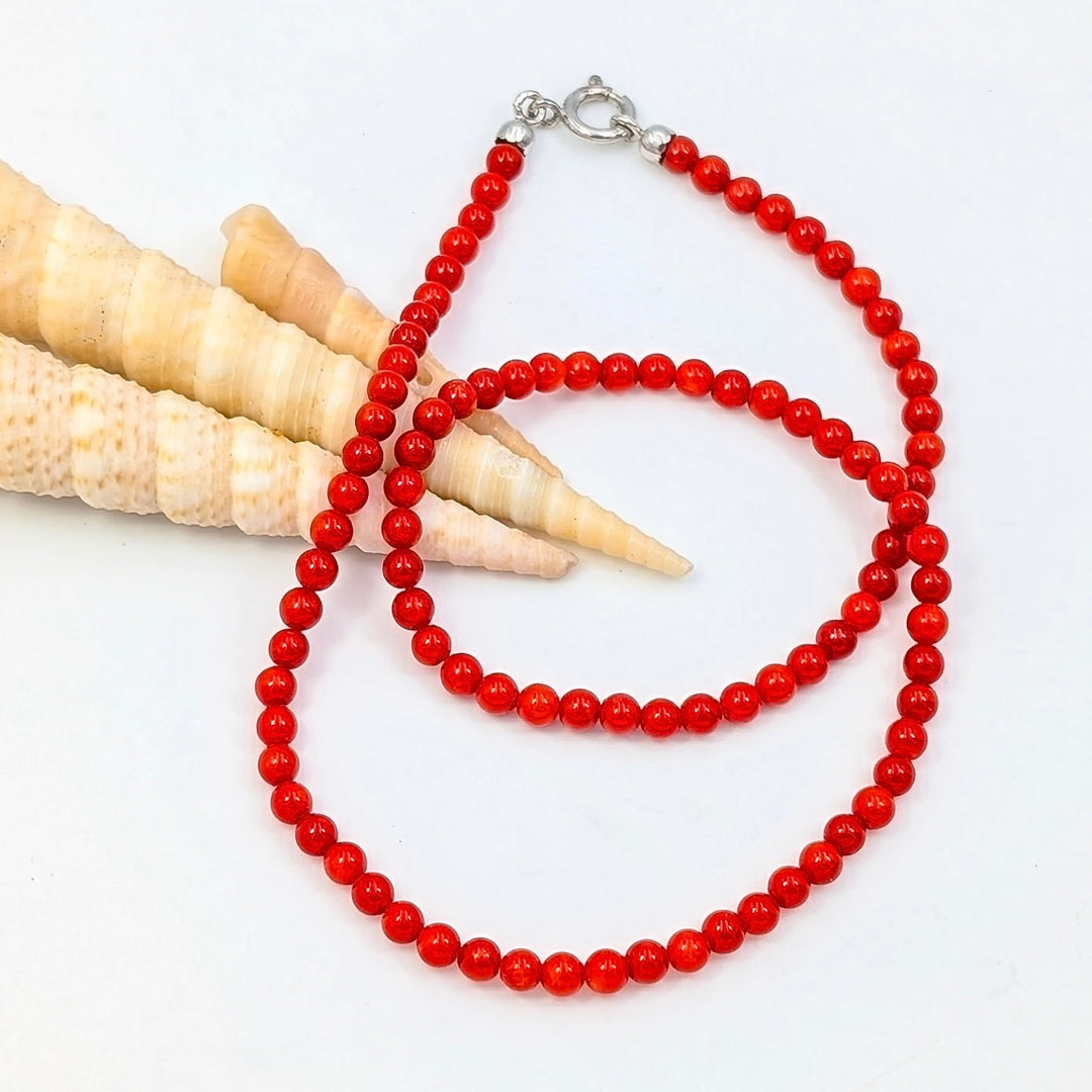 Red Coral Beaded Necklace with Sterling Silver Clasp