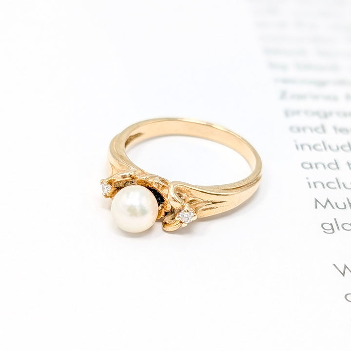 Vintage Pearl & Diamond Ring in 14K Yellow Gold