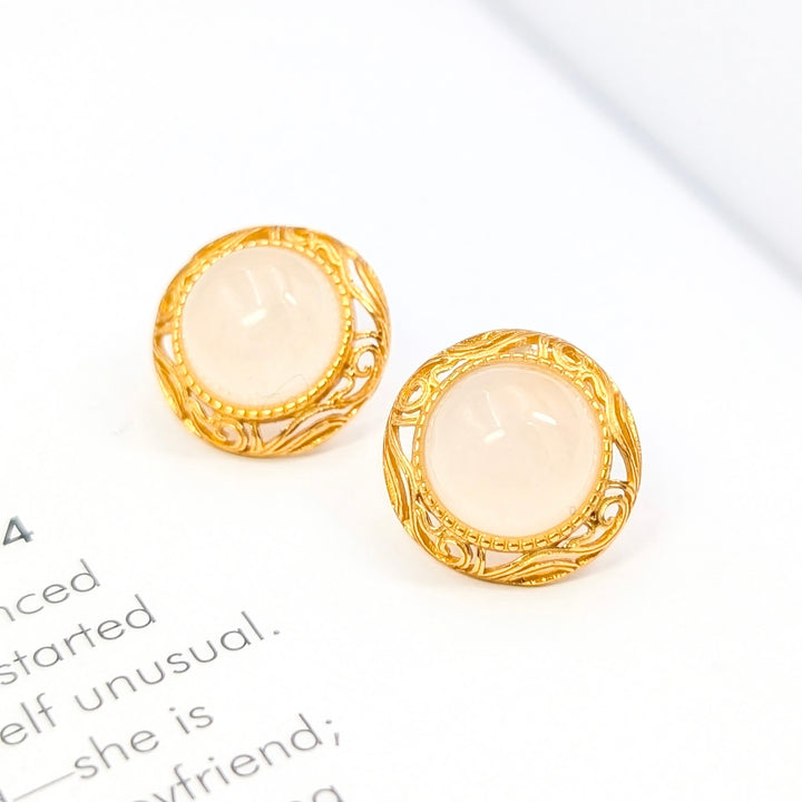 White Jade Stud Earrings in Gold Plated Sterling Silver