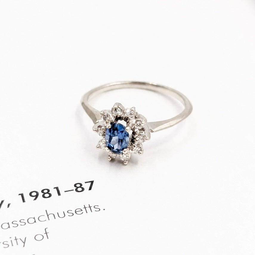 Vintage Sapphire & Diamond Halo Ring in 14K White Gold