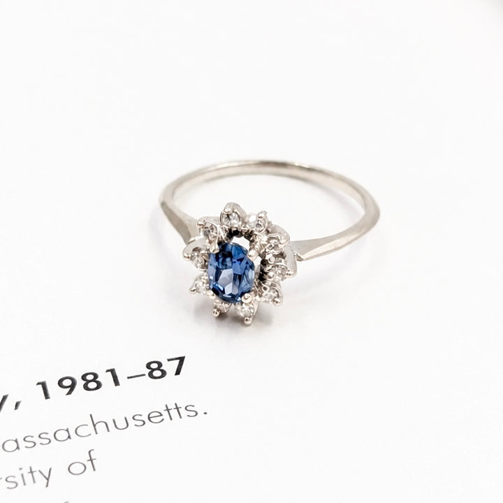 Vintage Sapphire & Diamond Halo Ring in 14K White Gold