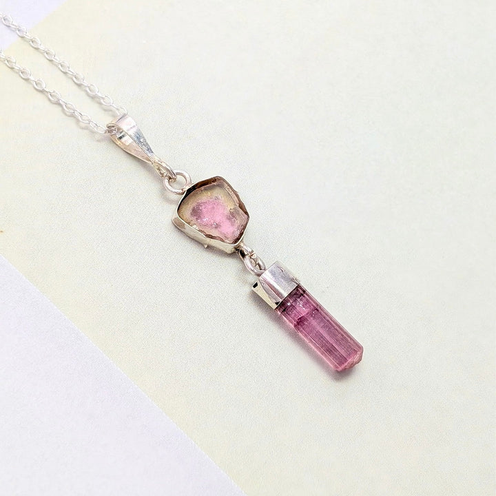 Watermelon Tourmaline Drop Necklace In Sterling Silver