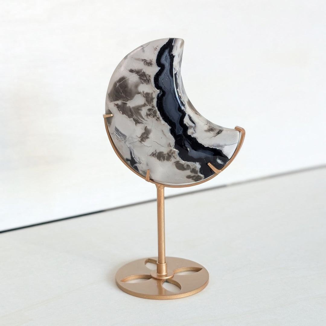 Volcanic Agate Moon with Gold Tone Stand