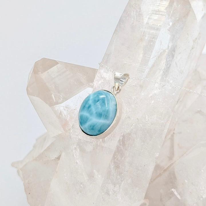 Polished Larimar Oval Cabochon Necklace in Sterling Silver