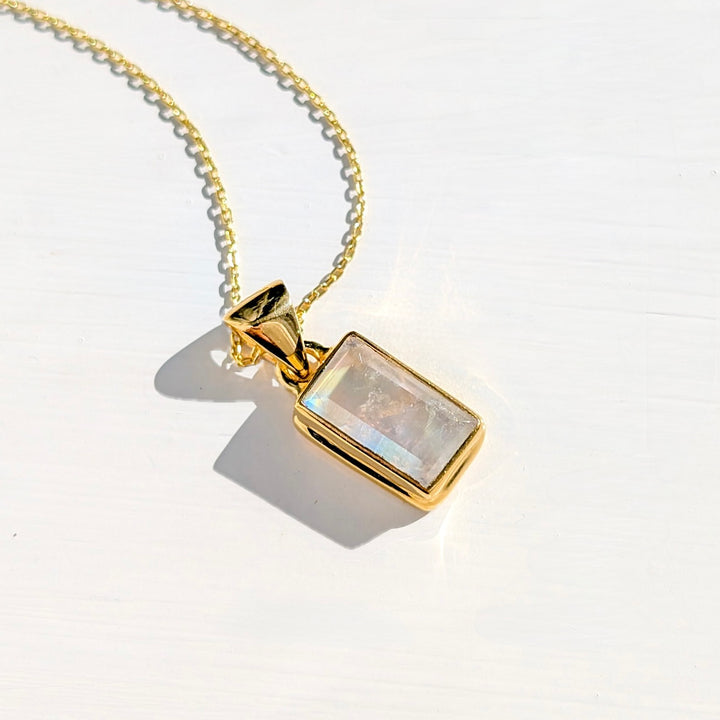 Faceted Rainbow Moonstone Gold Plated Necklace in Sterling Silver