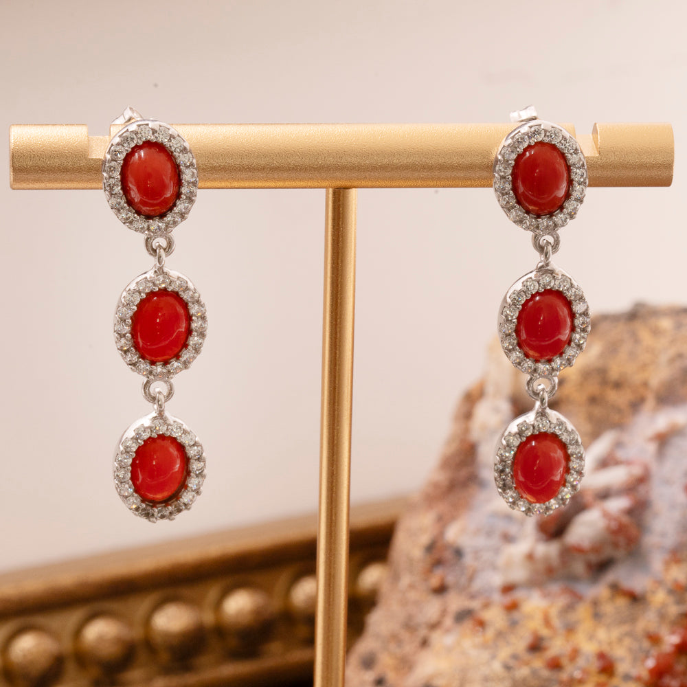 Italian Red Coral & CZ Triple Oval Dangle Earrings in Sterling Silver