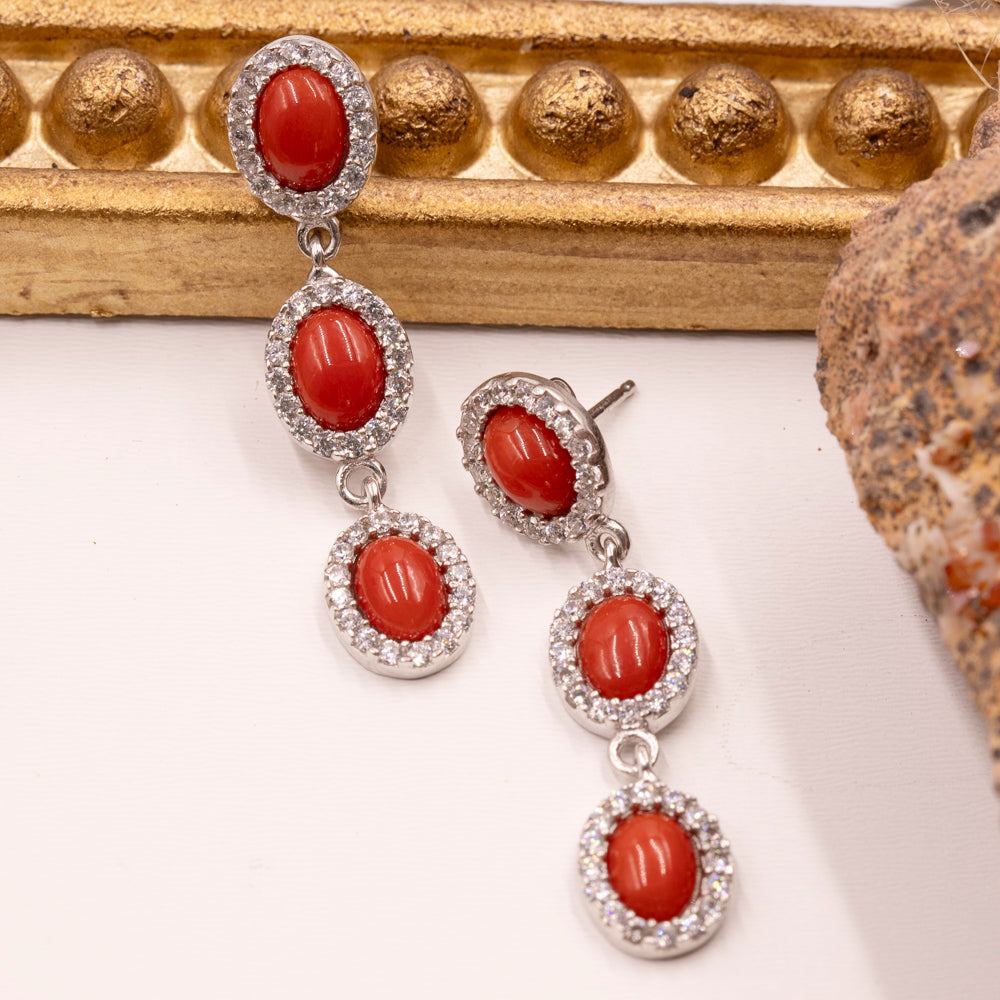Italian Red Coral & CZ Triple Oval Dangle Earrings in Sterling Silver