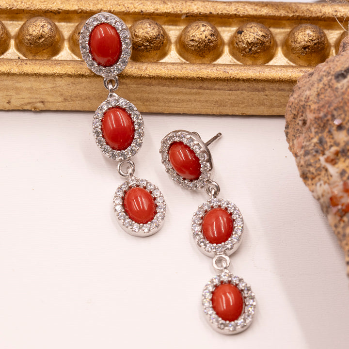 Italian Red Coral & CZ Triple Oval Dangle Earrings in Sterling Silver