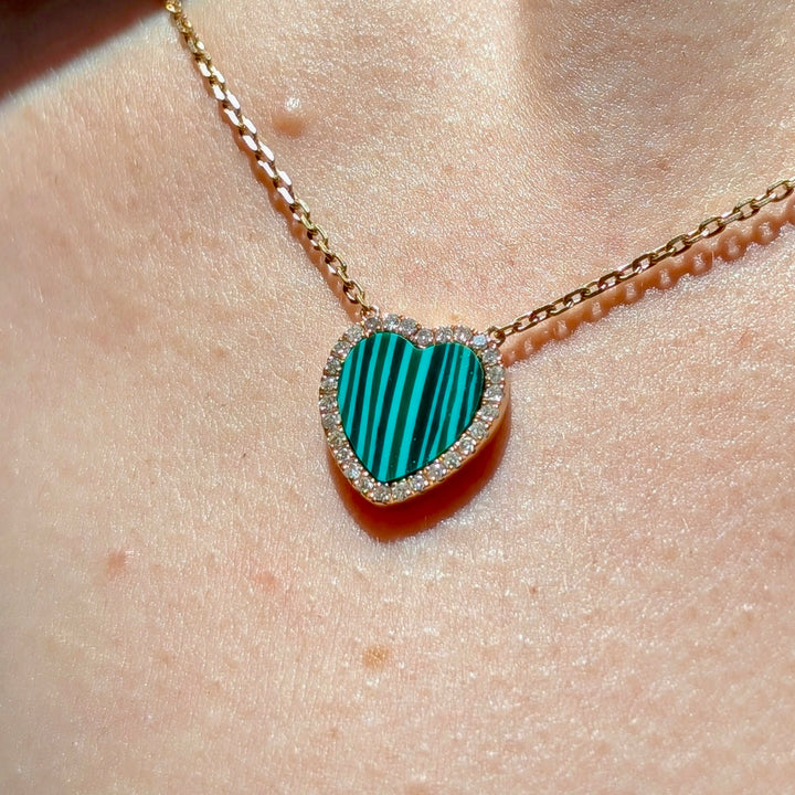 Malachite & Diamond Heart Necklace in 14K Yellow Gold