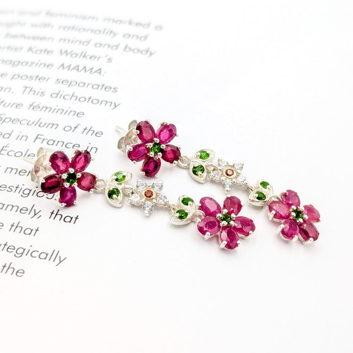 Ruby, Chrome Diopside & Clear Tourmaline Floral Dangle Earrings in Sterling Silver