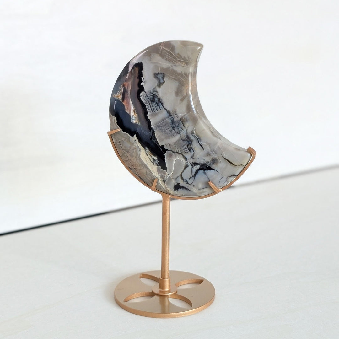 Volcanic Agate Moon with Gold Tone Stand