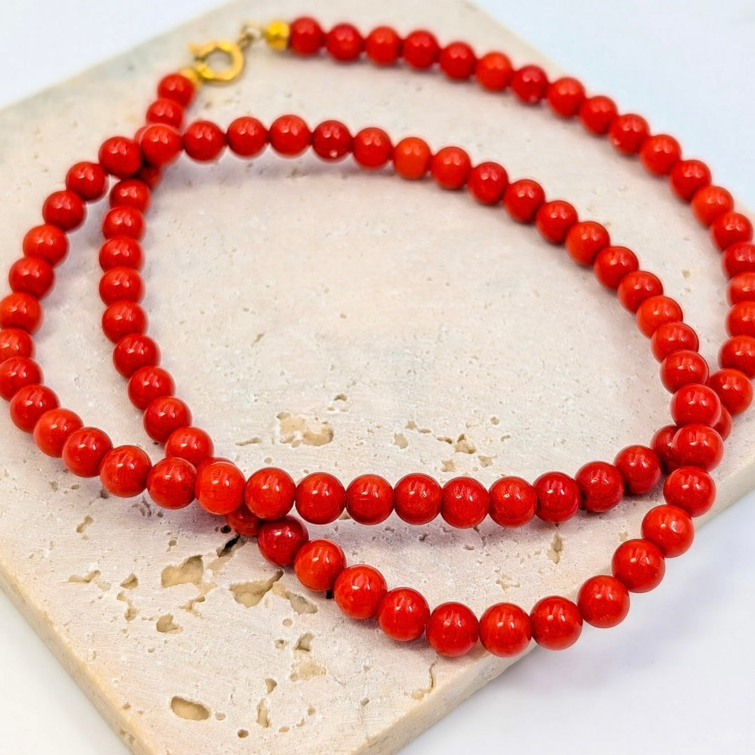 Red Coral Beaded Necklace with 18K Yellow Gold Clasp