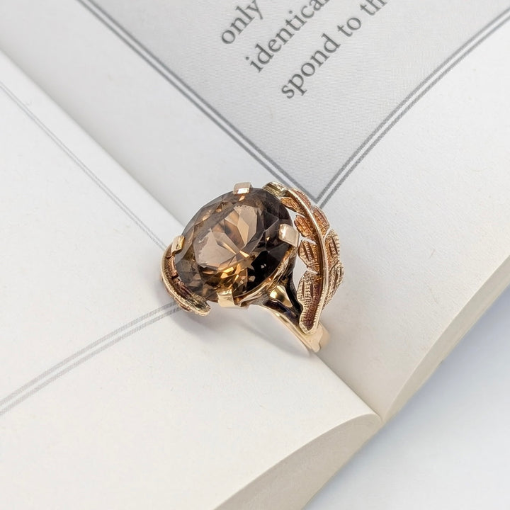 Vintage Smoky Quartz Leaf Motif Ring in 14k Yellow Gold