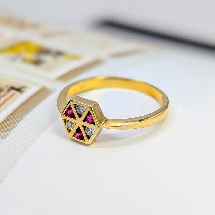 Vintage Ruby & Diamond Hexagon Ring in 14K Yellow Gold