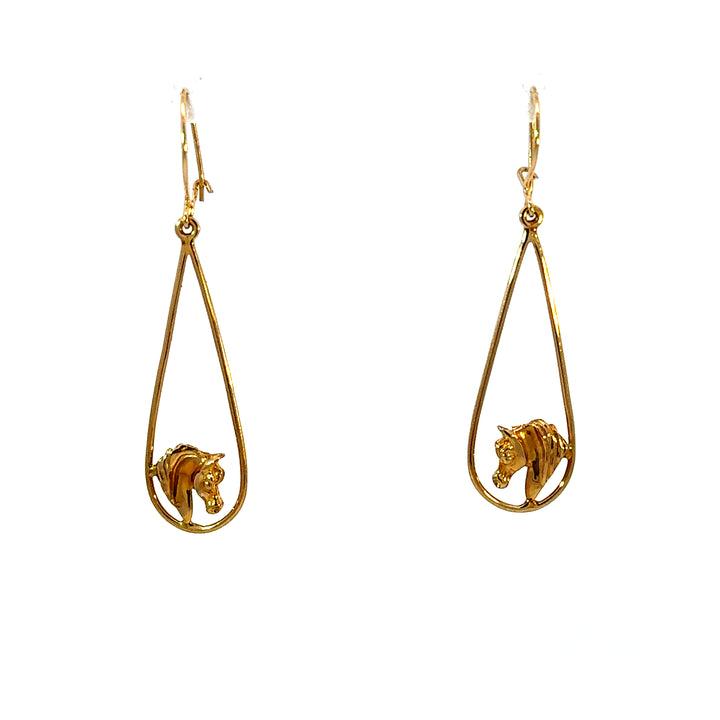 Vintage Horse Head Dangle Earrings in 14K Yellow Gold