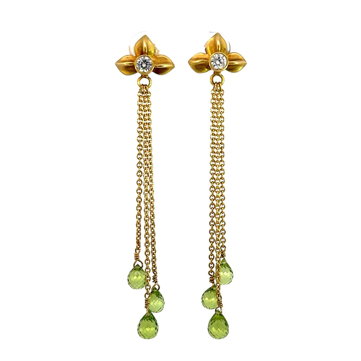 Vintage Briolette Cut Peridot and Round Cut Diamond Dangle Earrings in 14K Yellow Gold