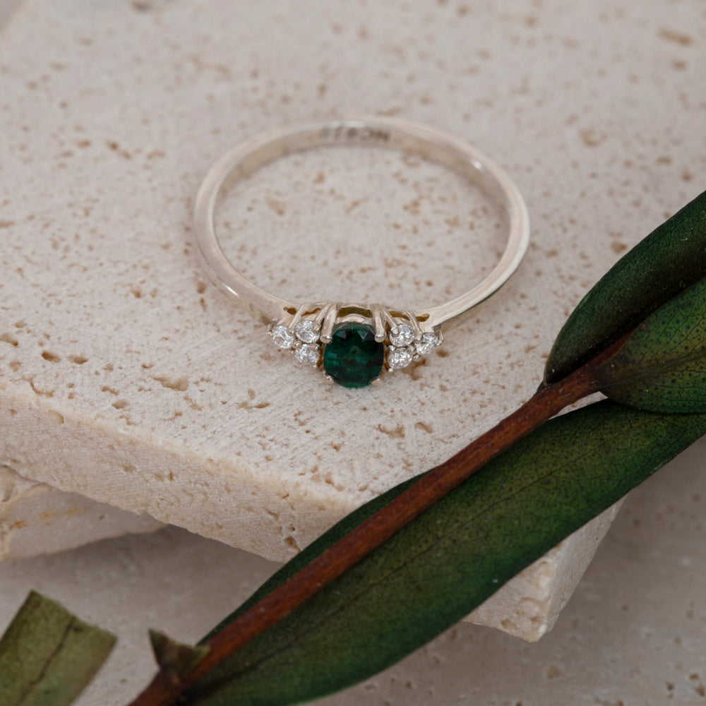 Emerald & Moissanite Ring in Sterling Silver
