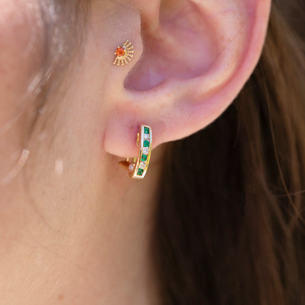Vintage Emerald & Diamond J-Hoop Earrings in 14K Yellow Gold