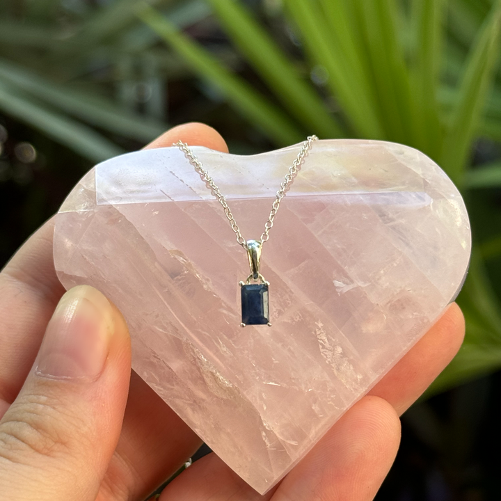 Emerald Cut Sapphire Necklace in Sterling Silver