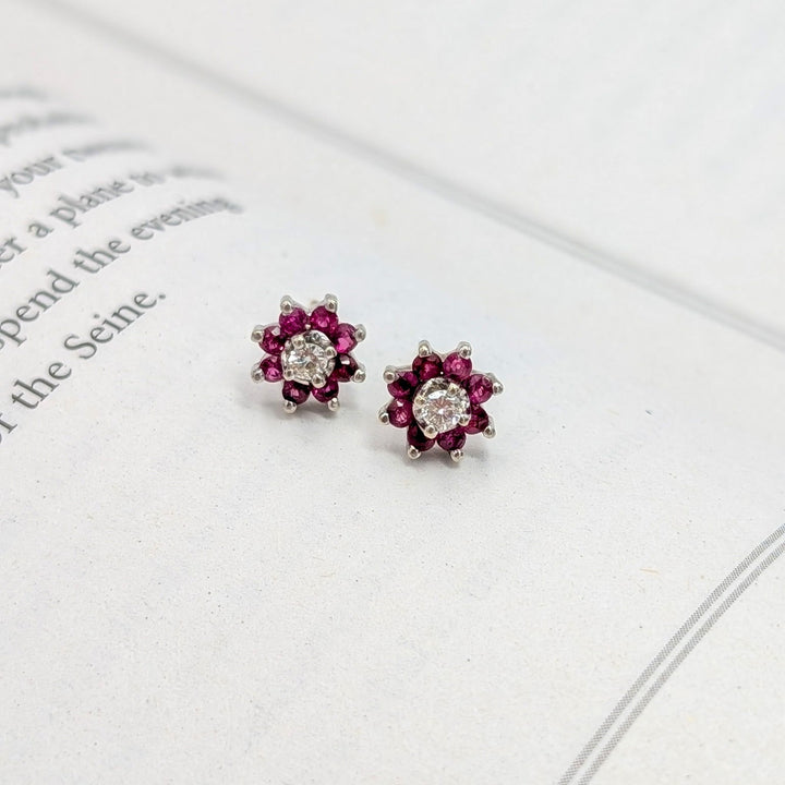 Vintage Ruby & Diamond Flower Earrings in 14K White Gold with 14K Yellow Gold Posts