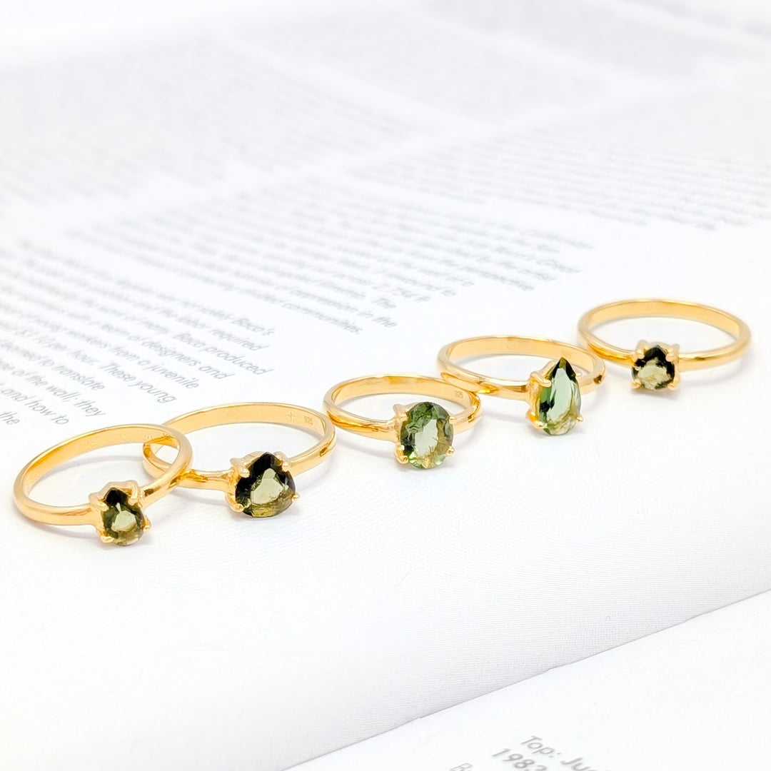 Faceted Moldavite Rings in 18K Gold over Sterling Silver