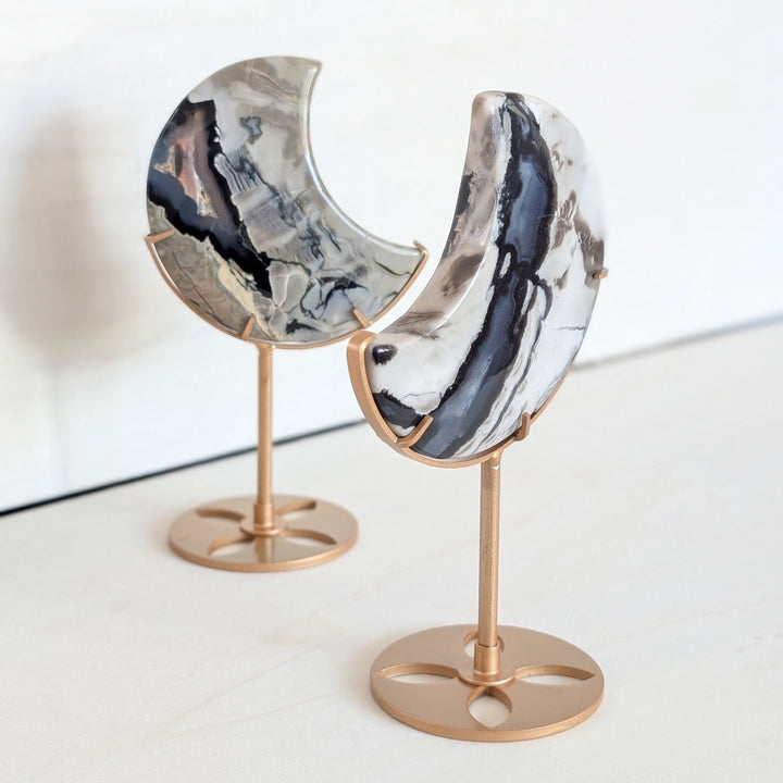 Volcanic Agate Moon with Gold Tone Stand