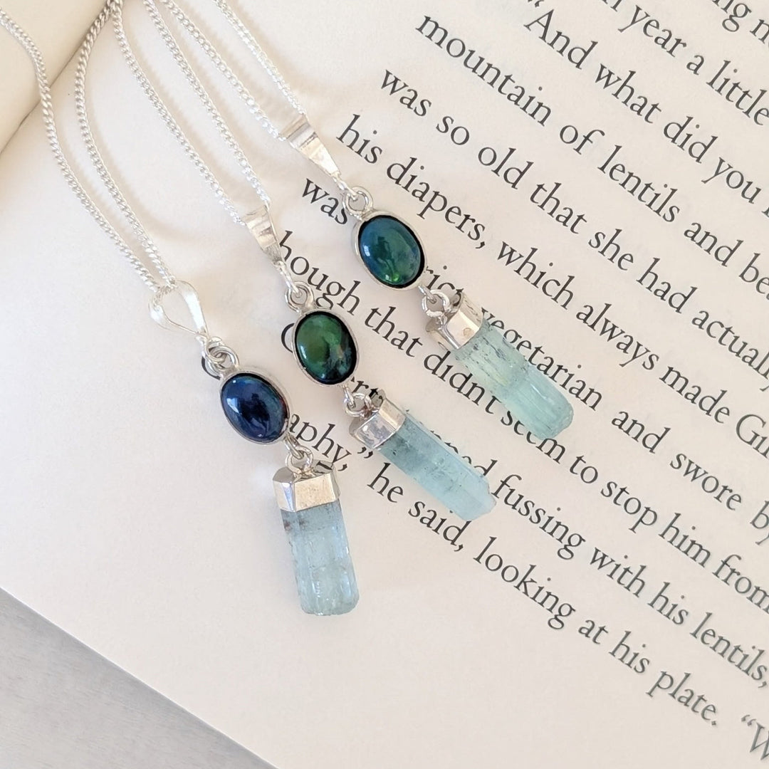 Black Ethiopian Opal & Raw Aquamarine Necklace in Sterling Silver