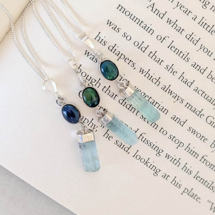 Black Ethiopian Opal & Raw Aquamarine Necklace in Sterling Silver