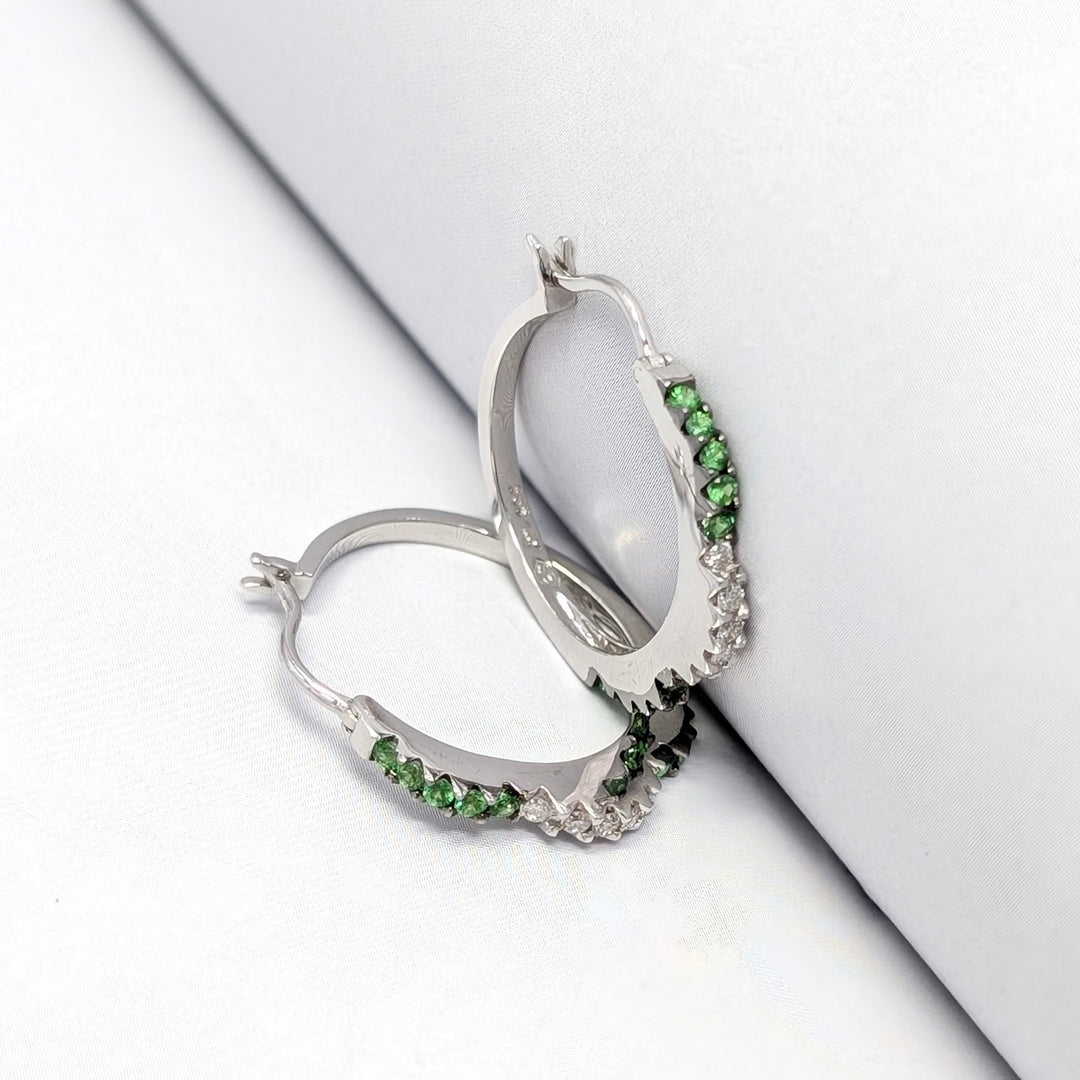 Vintage Tsavorite Garnet & Diamond Hoop Earrings in 14K White Gold