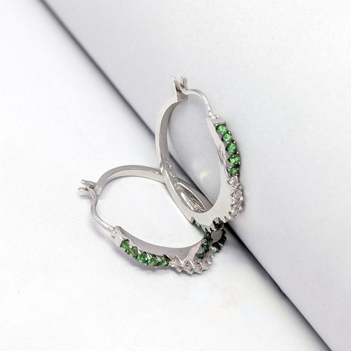Vintage Tsavorite Garnet & Diamond Hoop Earrings in 14K White Gold