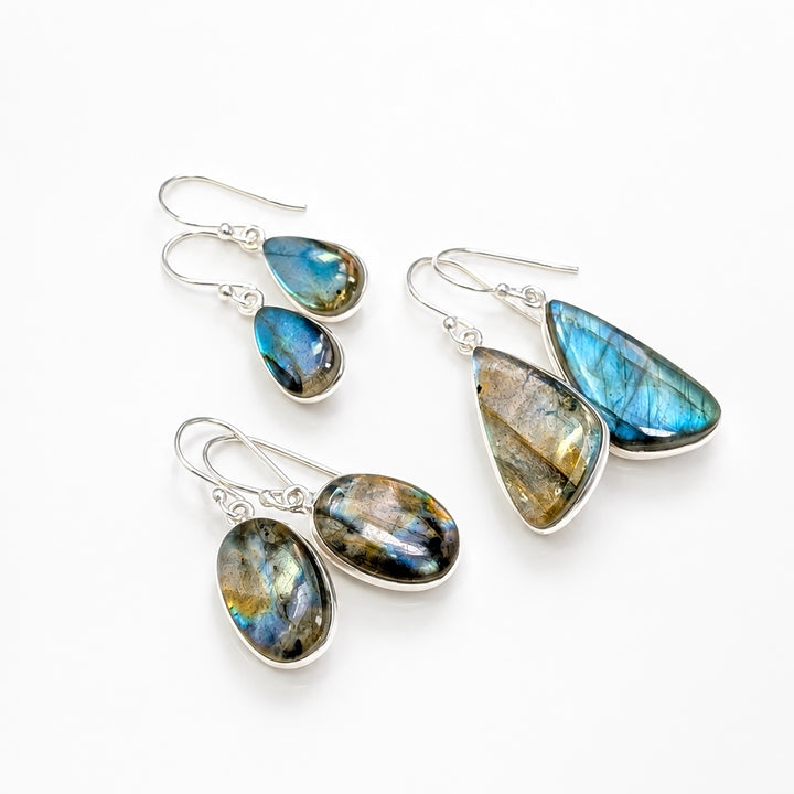 Bezel Set Labradorite Dangle Earrings in Sterling Silver