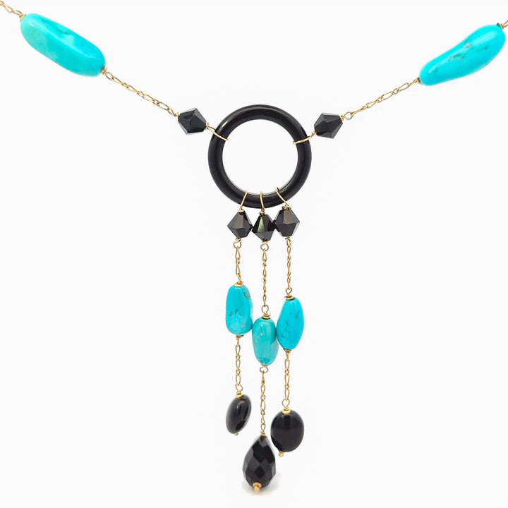Turquoise & Onyx Necklace in 18K Yellow Gold