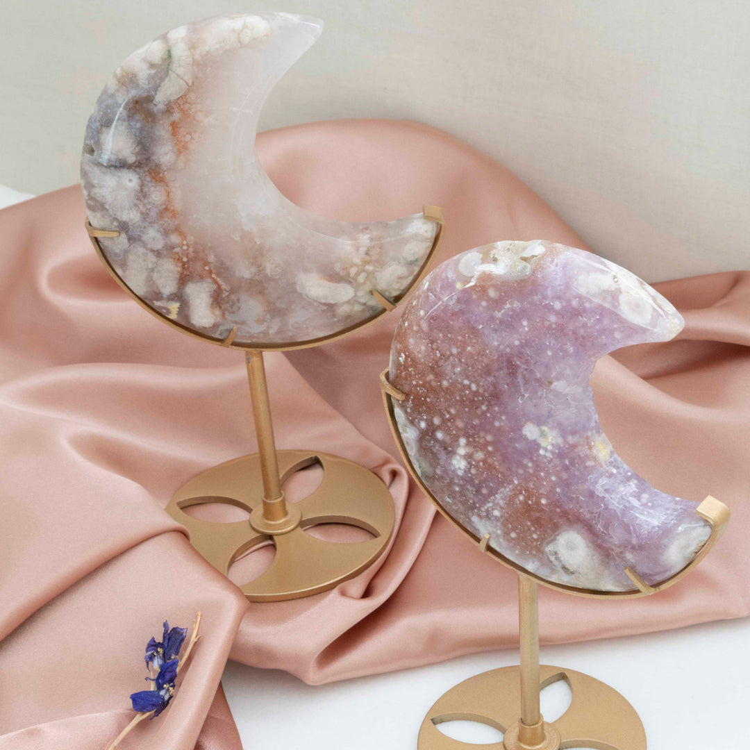 Flower Agate Crescent Moon on Gold Tone Stand